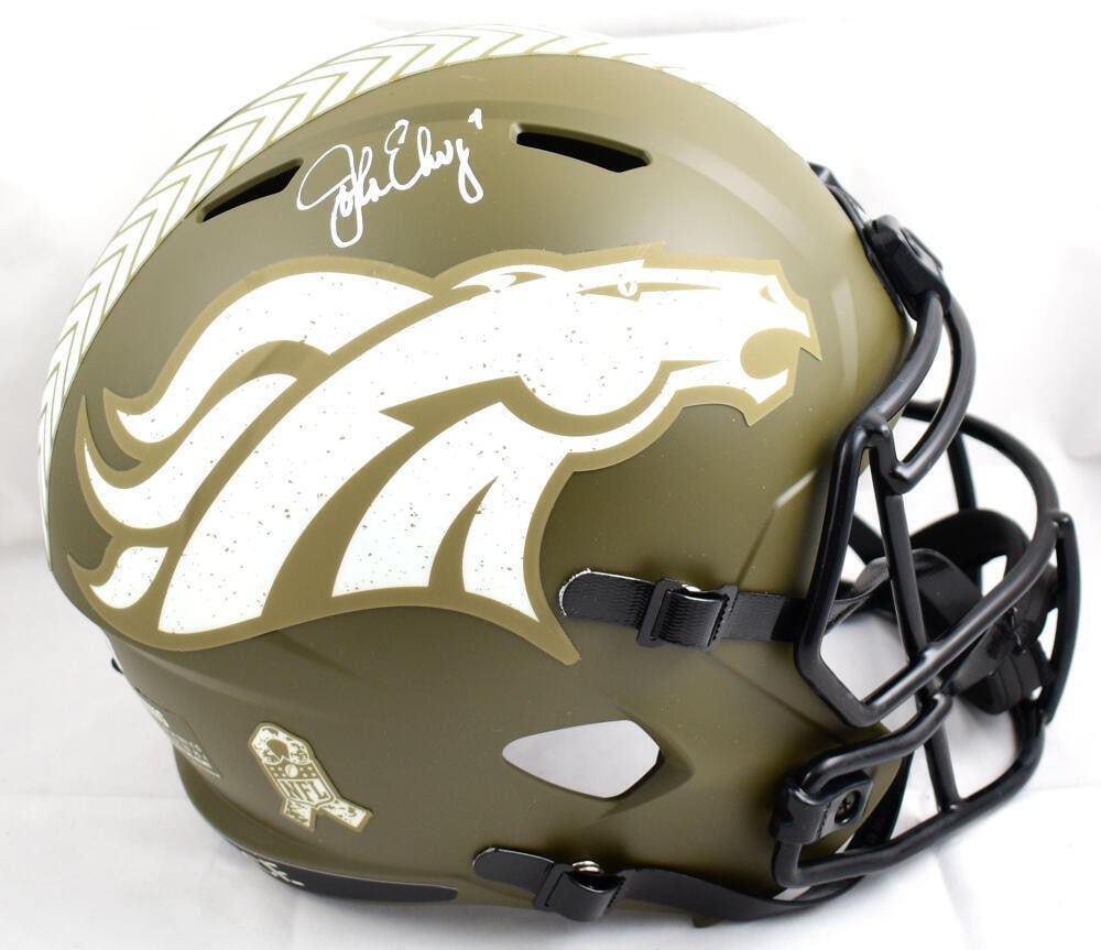 Denver Broncos Salute to Service Speed Helmet signed by John Elway Beckett: Denver Broncos Salute to Service Speed Helmet signed by John Elway Beckett This is an original Denver Broncos full-size Salute to Service speed helmet signed by John Elway. The helmet is pre-owned and