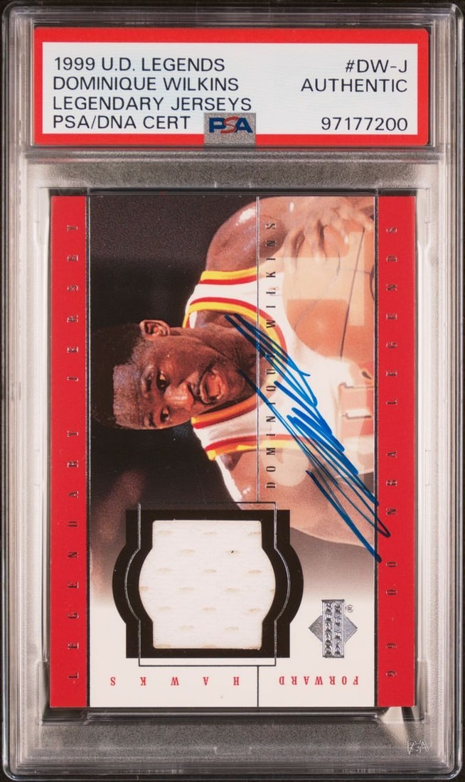 2000 Upper Deck Dominique Wilkins Signed Card #DW-J PSA Authenticated: 2000 Upper Deck Dominique Wilkins Signed Card #DW-J PSA Authenticated This item features a 2000 Upper Deck Authentic Legendary Jersey card #DW-J, autographed by basketball legend Dominique Wilkins, wh