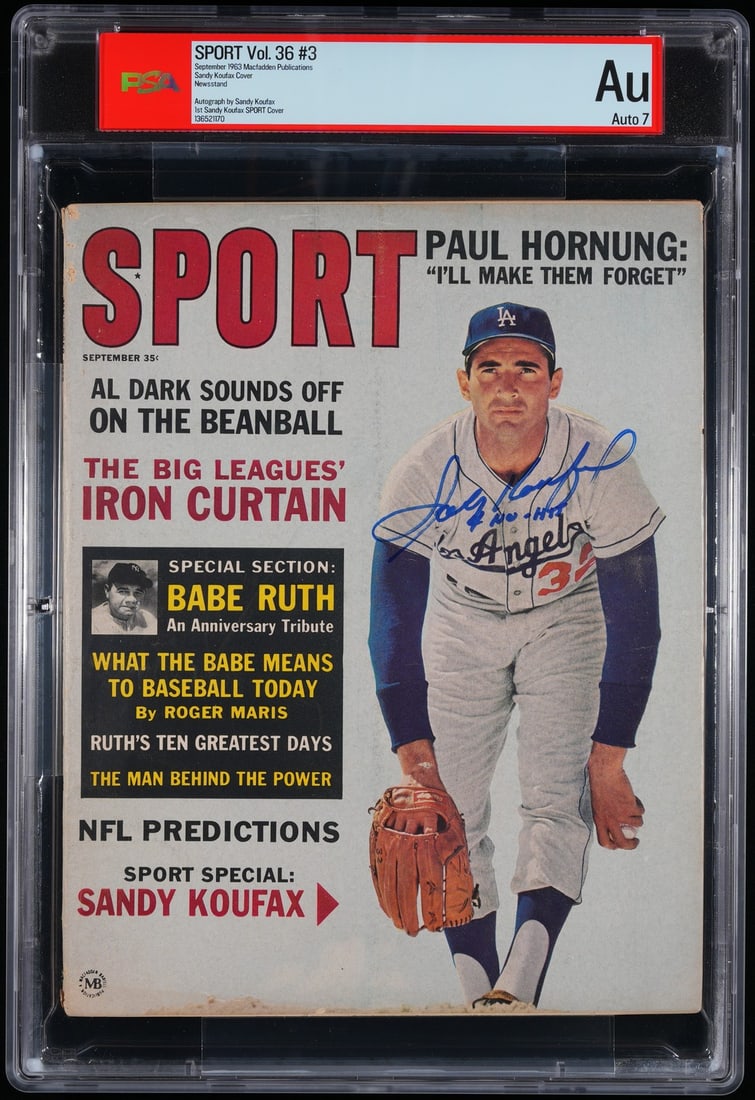 1963 SPORT Magazine Sandy Koufax Signed With 4 No Hits Inscription PSA/DNA 7: 1963 SPORT Magazine Sandy Koufax Signed With 4 No Hits Inscription PSA/DNA 7 This is an original 1963 SPORT Magazine newsstand issue from the United States, featuring a bold signature from Hall of Fam