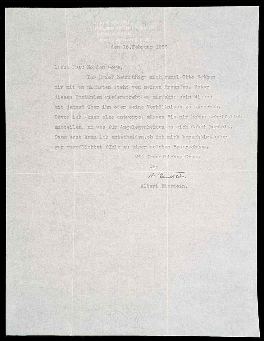 Albert Einstein Signed 1955 Letter PSA/DNA Authentic 8.5x11: Albert Einstein Signed 1955 Letter PSA/DNA Authentic 8.5x11 This authentic signed letter from Albert Einstein, dated February 16, 1955, measures 8.5 x 11 inches and features Princeton's blindstamped l