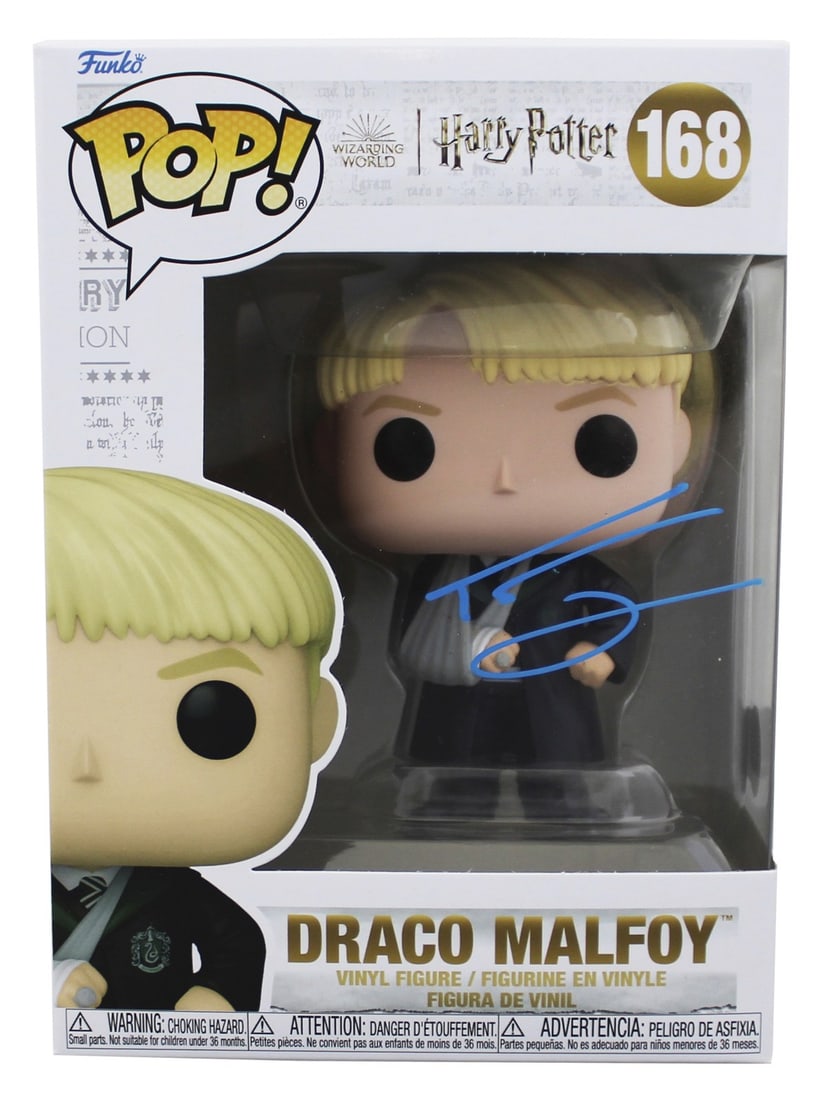 Draco Malfoy #168 Funko Pop Signed by Tom Felton with Beckett Authentication: Draco Malfoy #168 Funko Pop Signed by Tom Felton with Beckett Authentication This pre-owned Draco Malfoy #168 Funko Pop Vinyl Figure has been hand-signed by Tom Felton, who portrayed Draco Malfoy in t