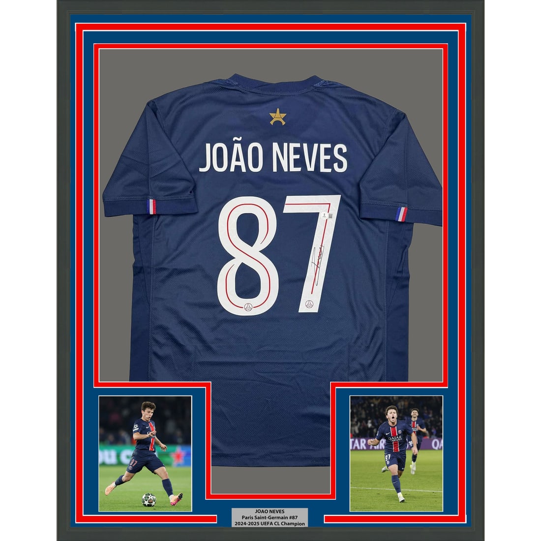 Joao Neves Signed PSG Jersey 35x39 Framed With Beckett COA and Two Photos: Joao Neves Signed PSG Jersey 35x39 Framed With Beckett COA and Two Photos This framed display features a Paris Saint-Germain blue jersey autographed by Joao Neves. The jersey has been authenticated by