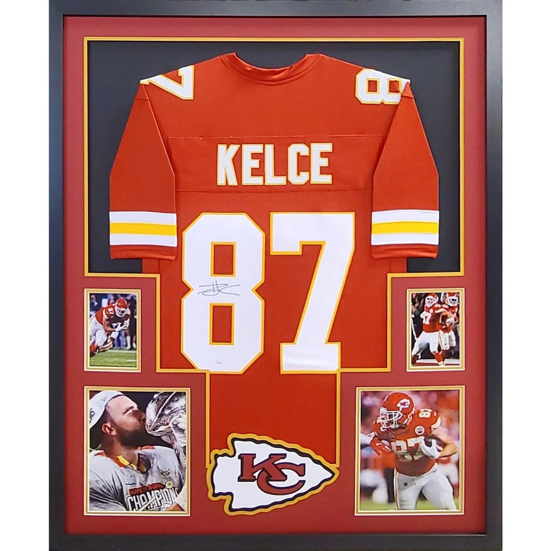 Travis Kelce Signed Framed Jersey JSA Authenticated Kansas City Chiefs: Travis Kelce Signed Framed Jersey JSA Authenticated Kansas City Chiefs This is a beautifully framed autographed jersey of Travis Kelce, showcasing his affiliation with the Kansas City Chiefs. The jers