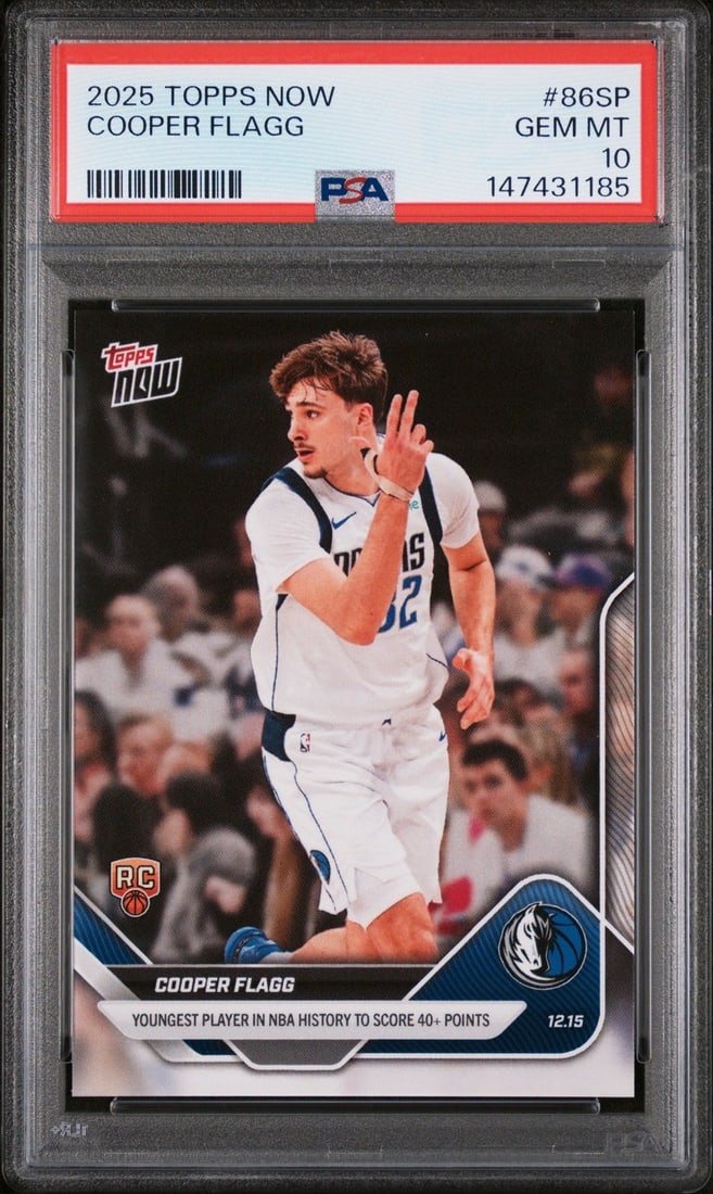 PSA 10 2025 Topps Now Cooper Flagg Rookie Basketball Card 86SP: PSA 10 2025 Topps Now Cooper Flagg Rookie Basketball Card 86SP This is a 2025 Topps Now Cooper Flagg #86SP rookie basketball card featuring Cooper Flagg of the Dallas Mavericks. The card is profession
