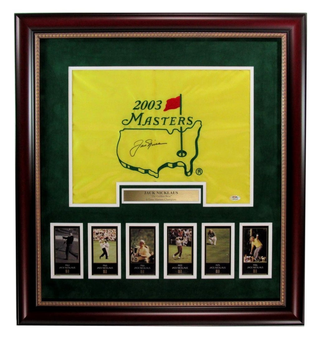 Framed Jack Nicklaus Masters pin flag with photo collage PSA DNA (1 of 4)
