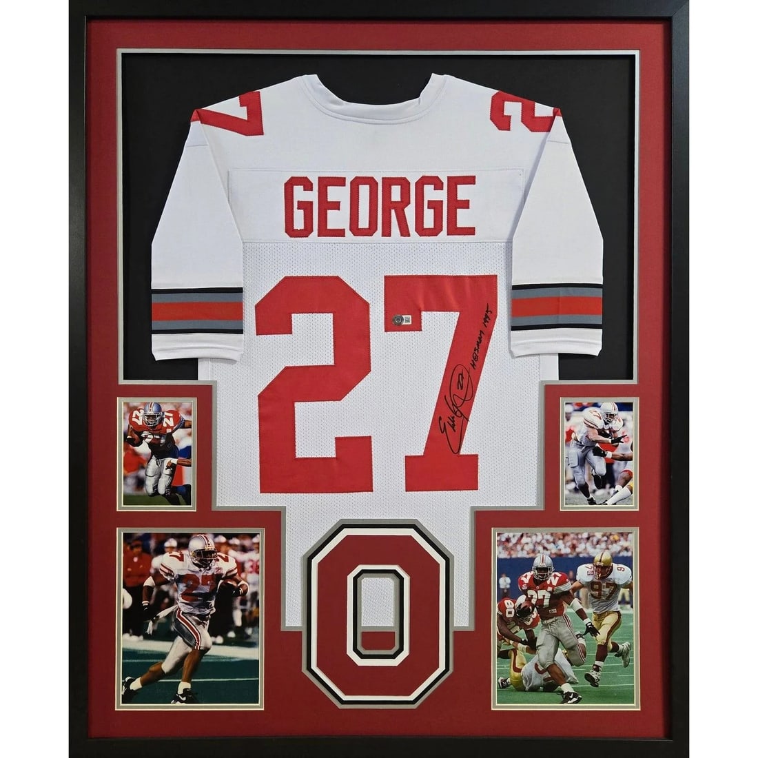 Framed Eddie George Ohio State Signed White Jersey Beckett Authenticated: Framed Eddie George Ohio State Signed White Jersey Beckett Authenticated This is a framed white jersey autographed by Eddie George, commemorating his time with Ohio State. The jersey features a Becket