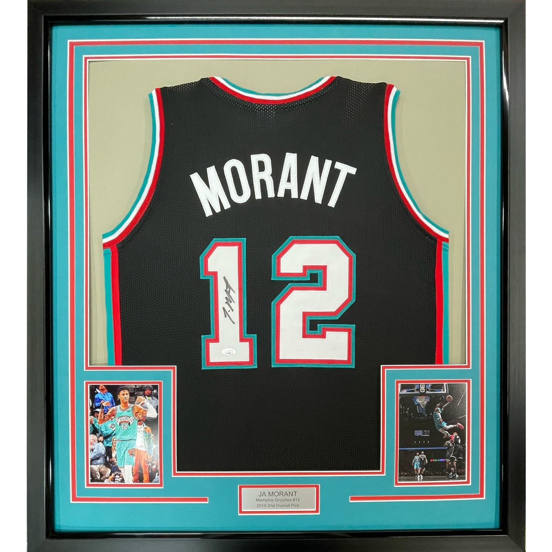 Framed Ja Morant Autographed Jersey with JSA COA 33x42 Memphis Grizzlies: Framed Ja Morant Autographed Jersey with JSA COA 33x42 Memphis Grizzlies This professionally framed and matted display features an autographed Ja Morant Memphis Grizzlies jersey, measuring 33x42 inche