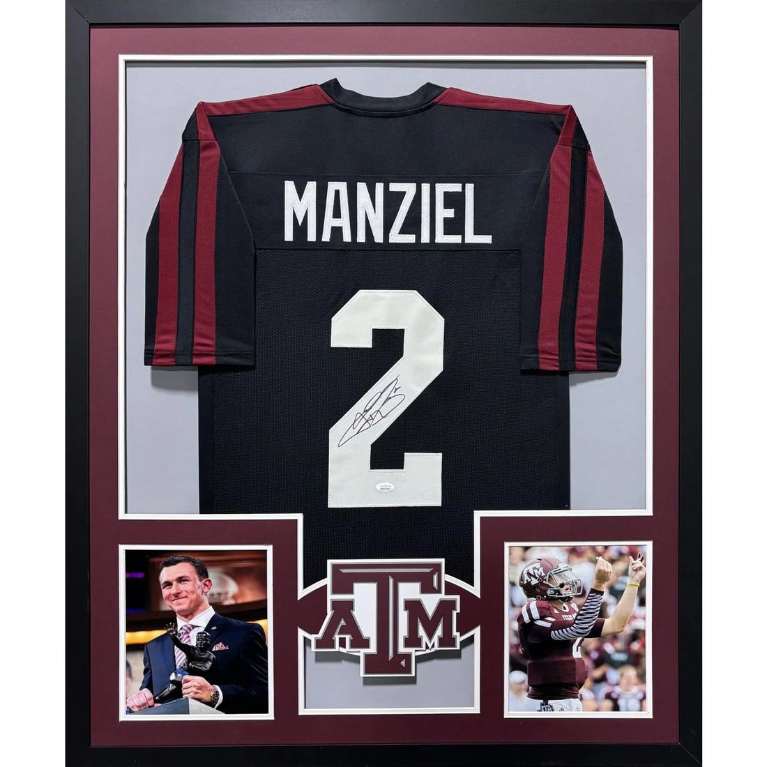 Johnny Manziel Signed Framed Jersey Texas A&M JSA Authenticated 42x34: Johnny Manziel Signed Framed Jersey Texas A&M JSA Authenticated 42x34 Celebrate the legacy of Johnny Manziel with this autographed framed jersey from his time at Texas A&M. The jersey features meticul