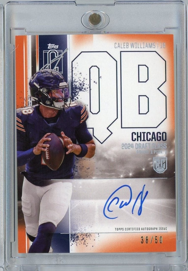 Caleb Williams 2024 Topps Signature Class Orange Auto RCACW /50: Caleb Williams 2024 Topps Signature Class Orange Auto RCACW /50 This is a 2024 Topps Signature Class Caleb Williams Orange parallel rookie football card, featuring an on-card autograph by Caleb Willia