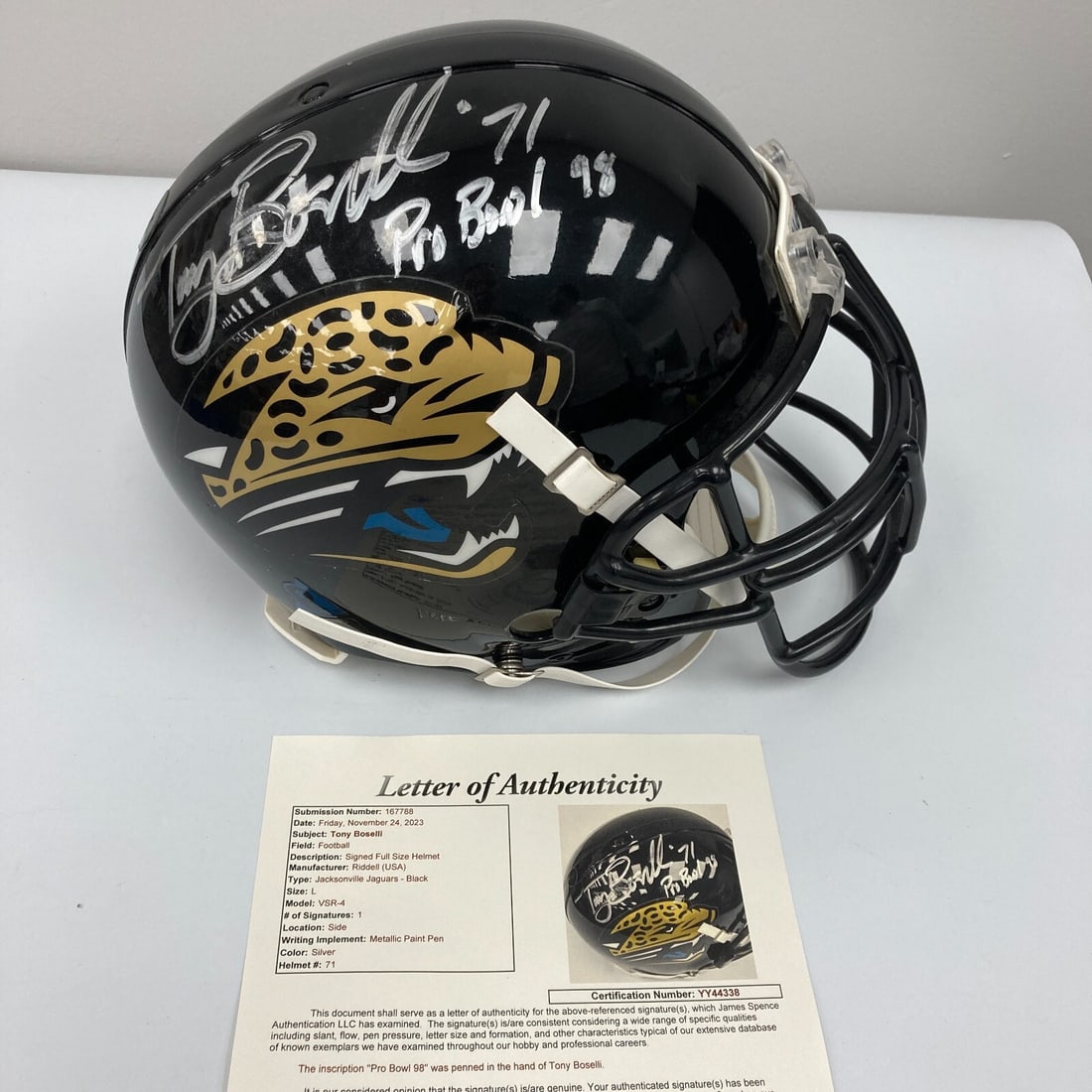 Tony Boselli Signed 1998 Pro Bowl Game Used Jaguars Helmet JSA COA: Tony Boselli Signed 1998 Pro Bowl Game Used Jaguars Helmet JSA COA This is a signed, game-used helmet from the 1998 Pro Bowl featuring Tony Boselli, a notable player for the Jacksonville Jaguars. The 