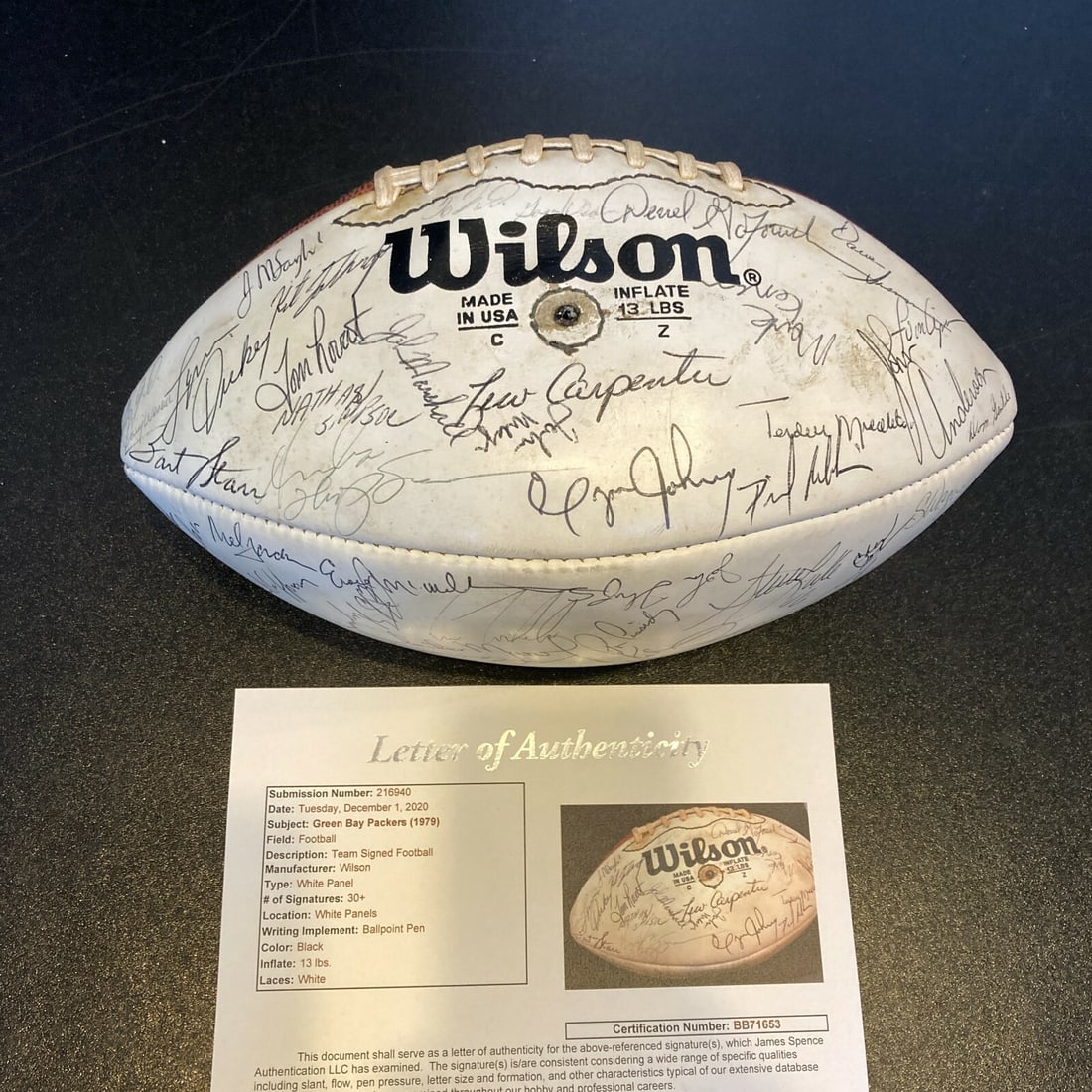 Green Bay Packers 1979 Wilson NFL Football Team Signatures Bart Starr JSA Authenticated: Green Bay Packers 1979 Wilson NFL Football Team Signatures Bart Starr JSA Authenticated This is a vintage Wilson NFL game football signed by the 1979 Green Bay Packers team, including Bart Starr. The 