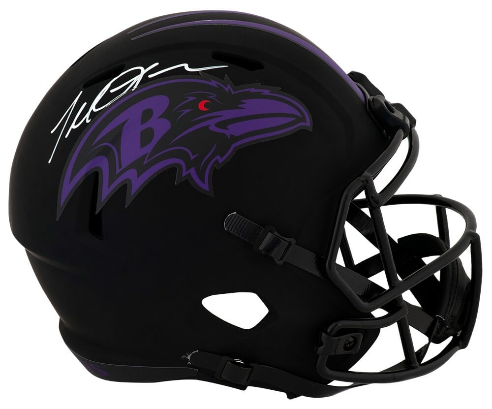 Terrell Suggs Signed Ravens Eclipse Riddell Full Size Helmet with SS COA: Terrell Suggs Signed Ravens Eclipse Riddell Full Size Helmet with SS COA This is a Terrell Suggs signed Baltimore Ravens Eclipse black matte Riddell full size speed replica helmet, a must-have for any