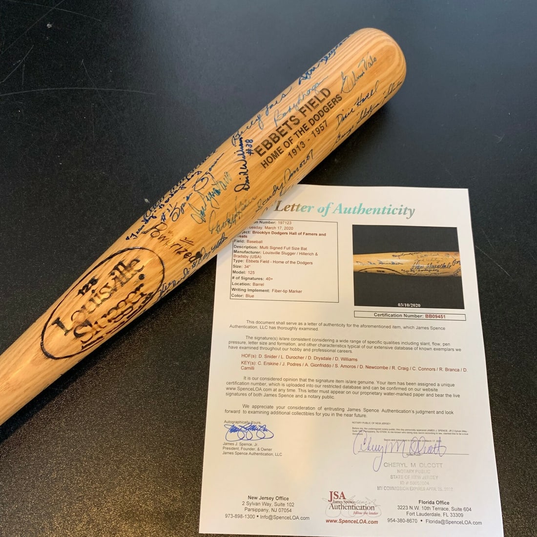 Louisville Slugger Dodgers Bat Signed by 45 Brooklyn and LA Legends JSA Certified: Louisville Slugger Dodgers Bat Signed by 45 Brooklyn and LA Legends JSA Certified This is an original Louisville Slugger baseball bat commemorating Ebbets Field, the former home of the Brooklyn Dodger