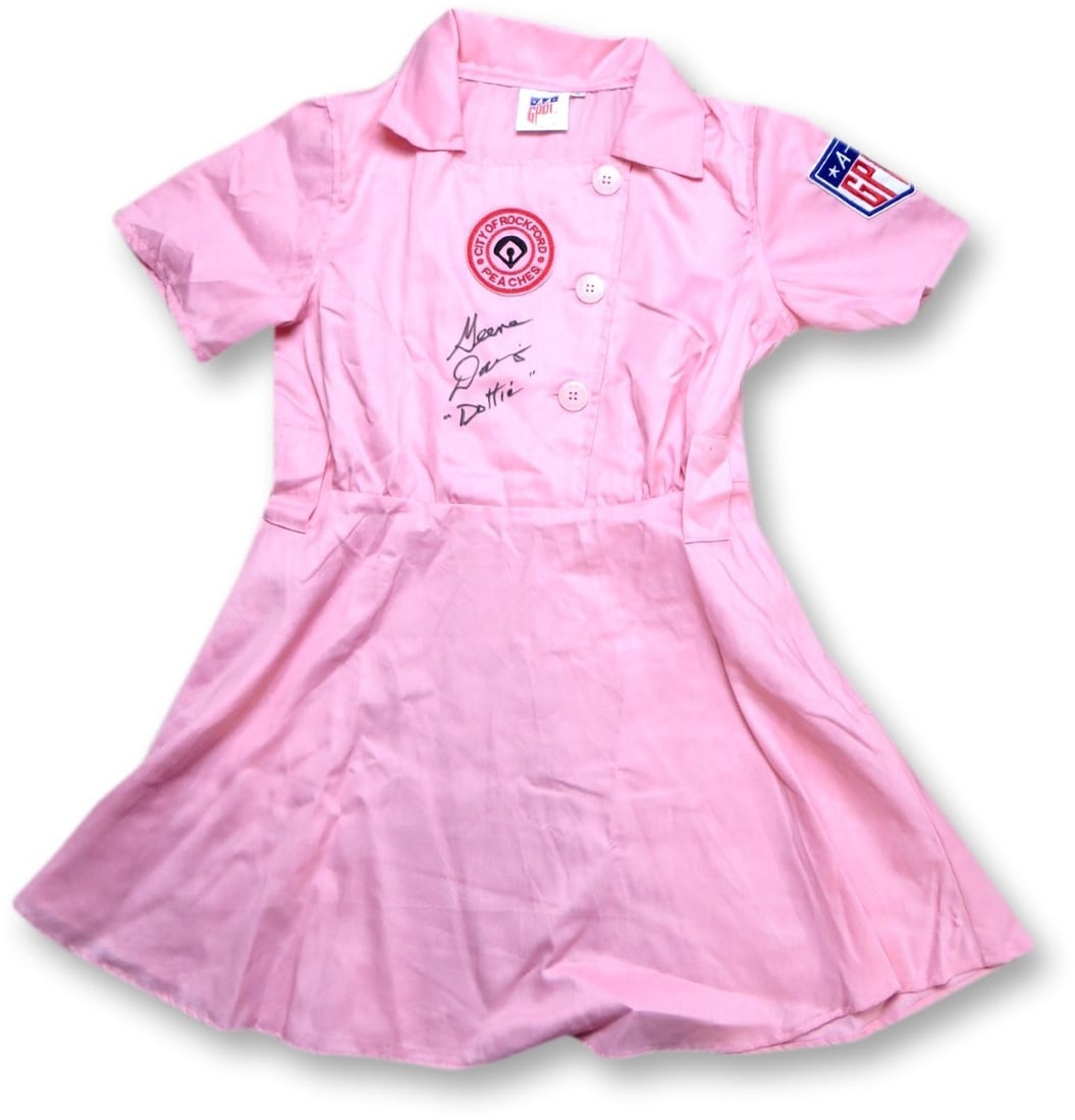 Dottie Jersey Dress Signed by Geena Davis with JSA Authentication: Dottie Jersey Dress Signed by Geena Davis with JSA Authentication This is a pre-owned jersey dress autographed by Geena Davis, who played "Dottie" in the film "A League of Their Own." The autograph ha