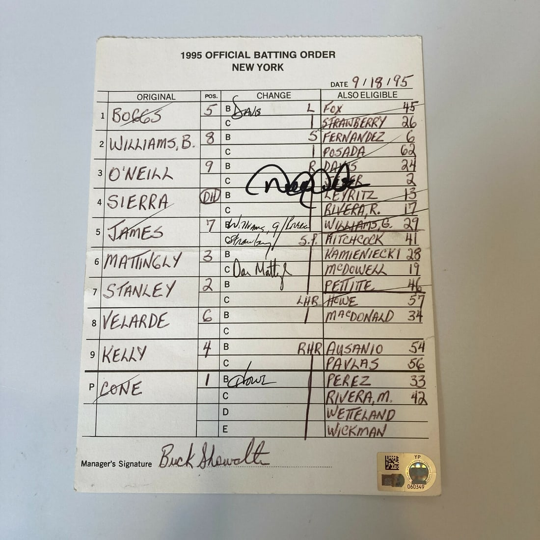 MLB Authenticated Yankees lineup card signed by Derek Jeter 5-1 2 x 7-1 2: MLB Authenticated Yankees lineup card signed by Derek Jeter 5-1 2 x 7-1 2 This is an original New York Yankees lineup card from September 18, 1995, marking a significant pre-rookie appearance by Derek