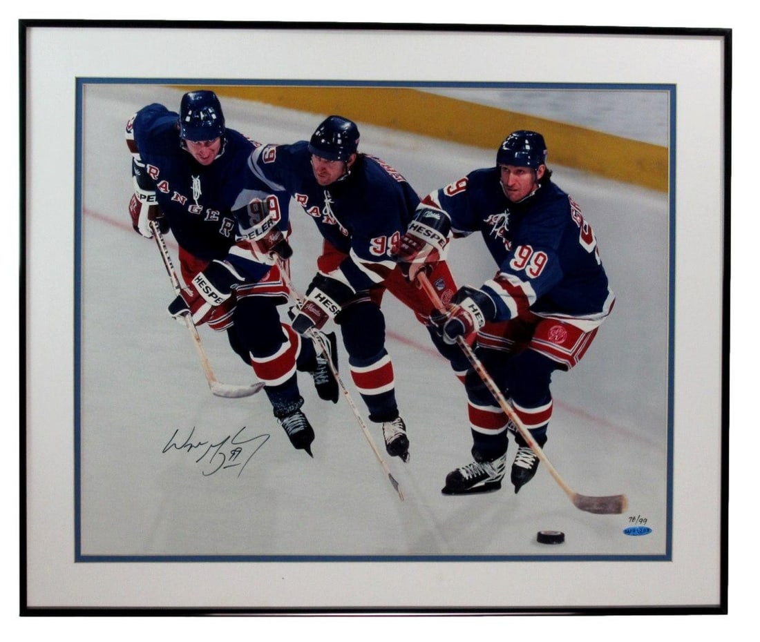 Framed 16x20 Photo Signed by Wayne Gretzky with Upper Deck Authentication: Framed 16x20 Photo Signed by Wayne Gretzky with Upper Deck Authentication This professionally framed 16x20 photograph features Wayne Gretzky in his New York Rangers uniform and is personally hand-sign