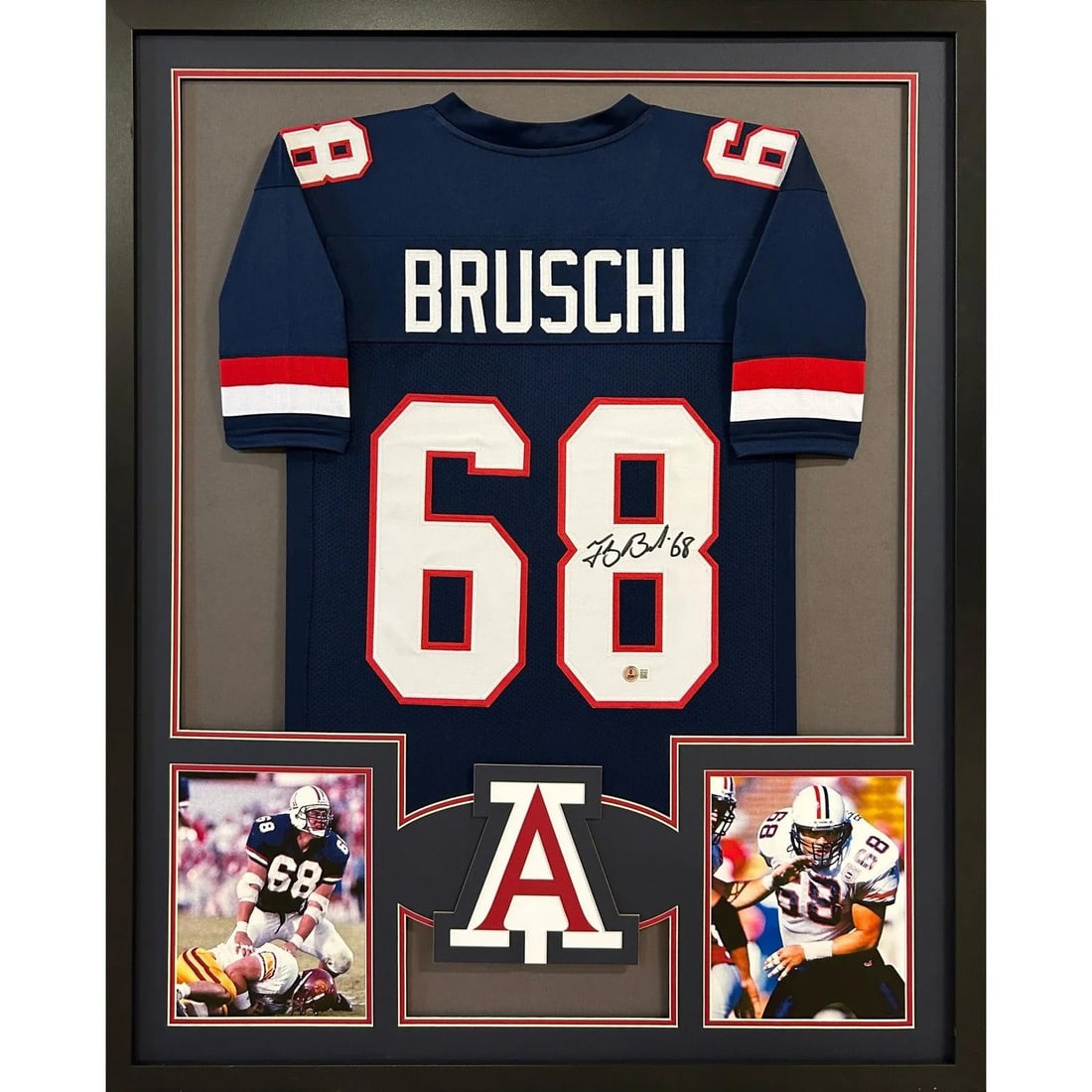 Tedy Bruschi Autographed Framed Jersey Arizona Wildcats Beckett Certified: Tedy Bruschi Autographed Framed Jersey Arizona Wildcats Beckett Certified This autographed jersey of Tedy Bruschi is framed with exceptional detail, showcasing the Arizona Wildcats logo. Authenticated