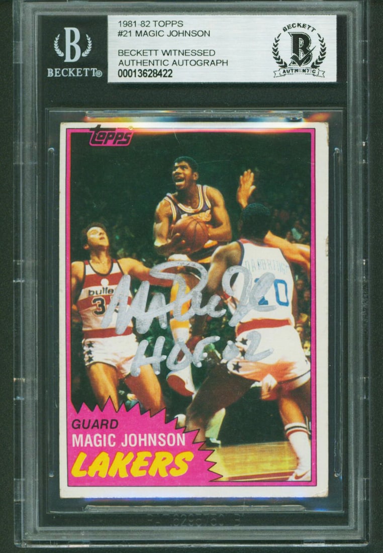 Magic Johnson Signed 1981 Topps Card With HOF 02 Inscription Beckett Authenticated: Magic Johnson Signed 1981 Topps Card With HOF 02 Inscription Beckett Authenticated This 1981 Topps #21 basketball card features Magic Johnson of the Los Angeles Lakers and has been personally signed b