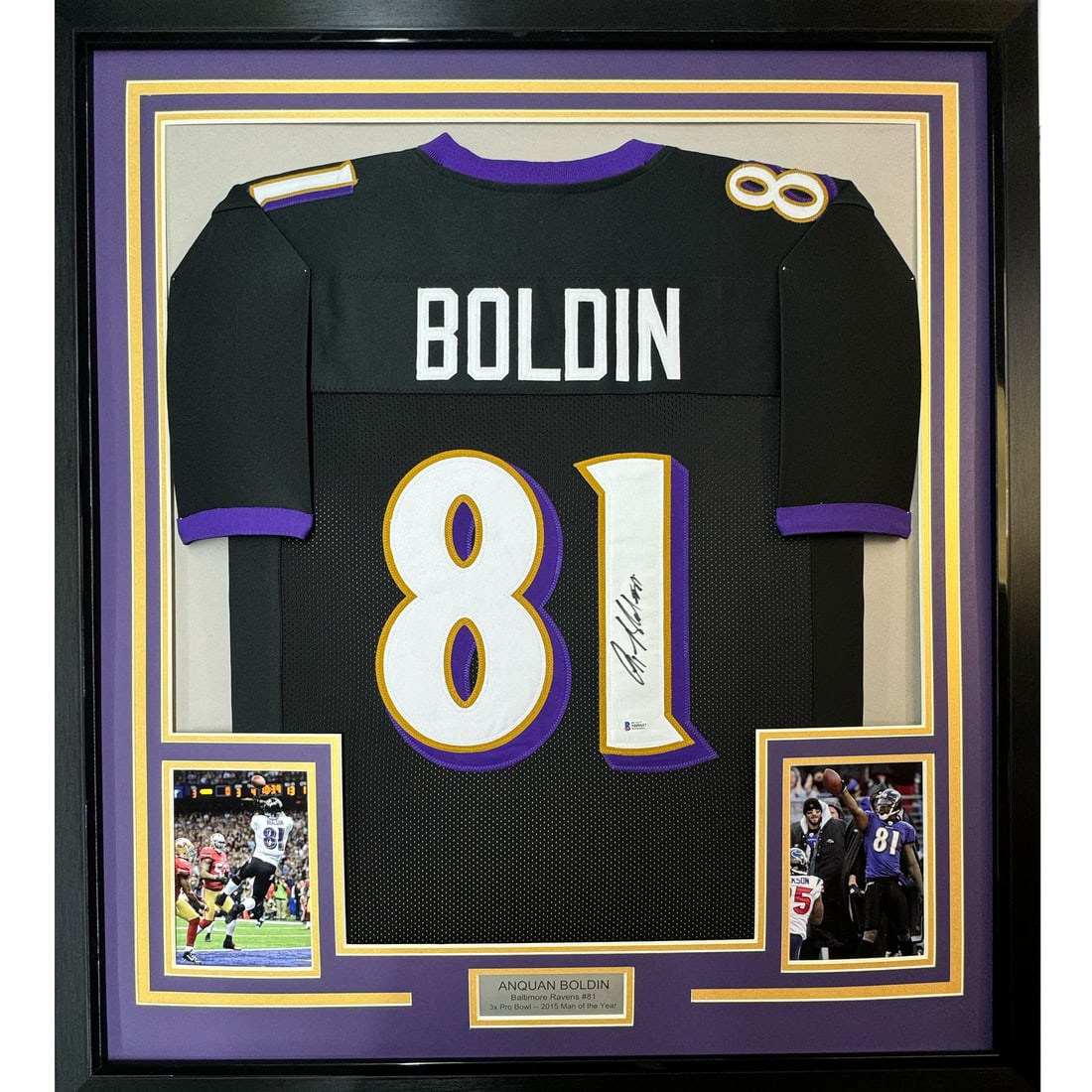 Anquan Boldin Signed Baltimore Ravens Black Jersey Framed with Beckett COA 33x42: Anquan Boldin Signed Baltimore Ravens Black Jersey Framed with Beckett COA 33x42 This professionally framed and matted Baltimore Ravens black jersey is autographed by Anquan Boldin. The display includ