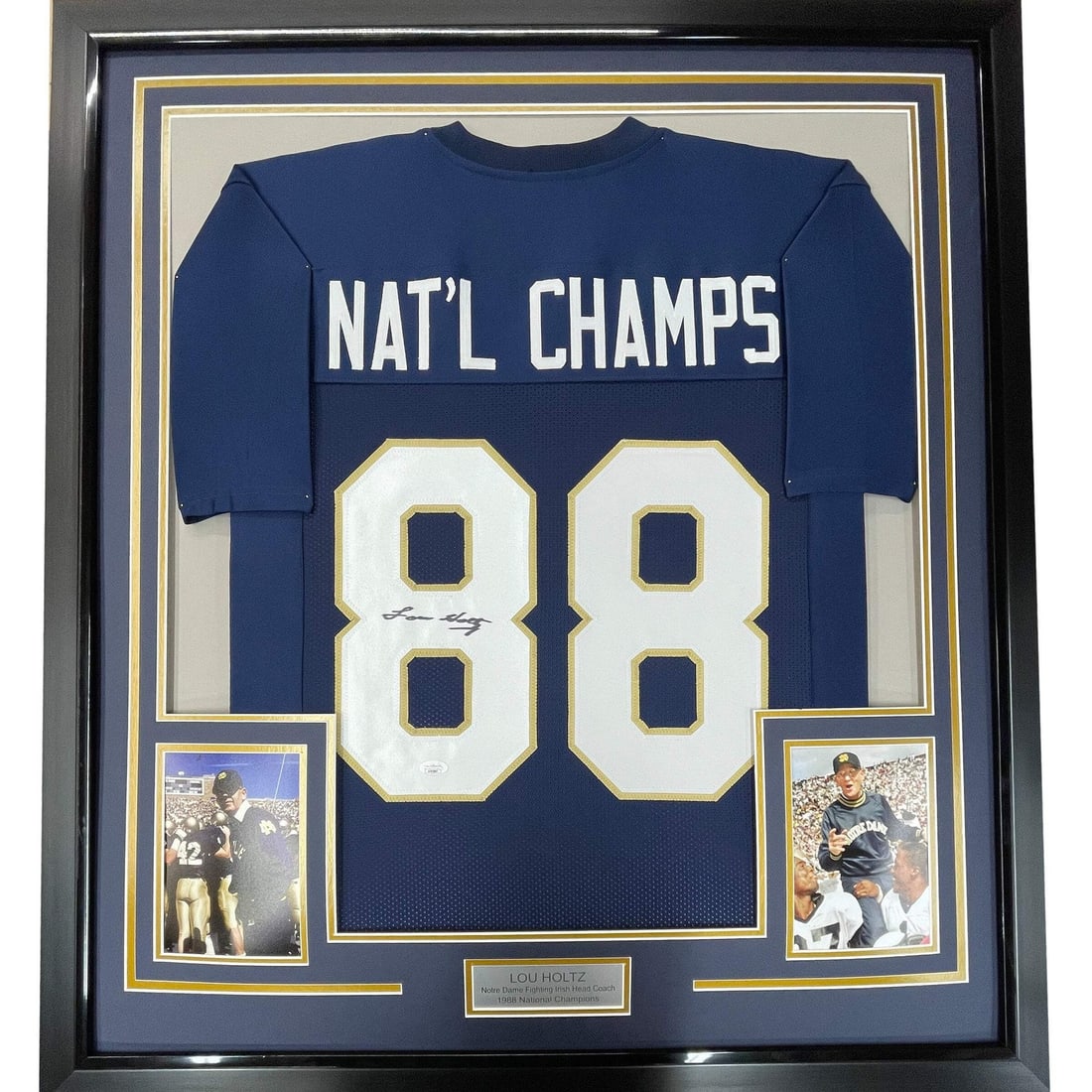 Lou Holtz Signed Notre Dame Framed Blue Jersey JSA COA: Lou Holtz Signed Notre Dame Framed Blue Jersey JSA COA This framed Lou Holtz Notre Dame blue college jersey features a genuine autograph and comes with authentication from James Spence Authentication 