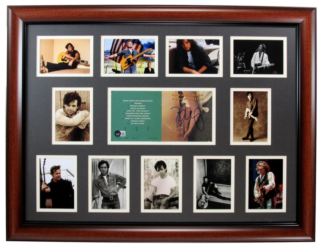 John Cougar Mellencamp Signed CD Insert Framed Photo Collage Beckett Authenticated: John Cougar Mellencamp Signed CD Insert Framed Photo Collage Beckett Authenticated This is a stunning framed CD insert of John Cougar Mellencamp's album "Human Wheels" featuring a captivating photo co