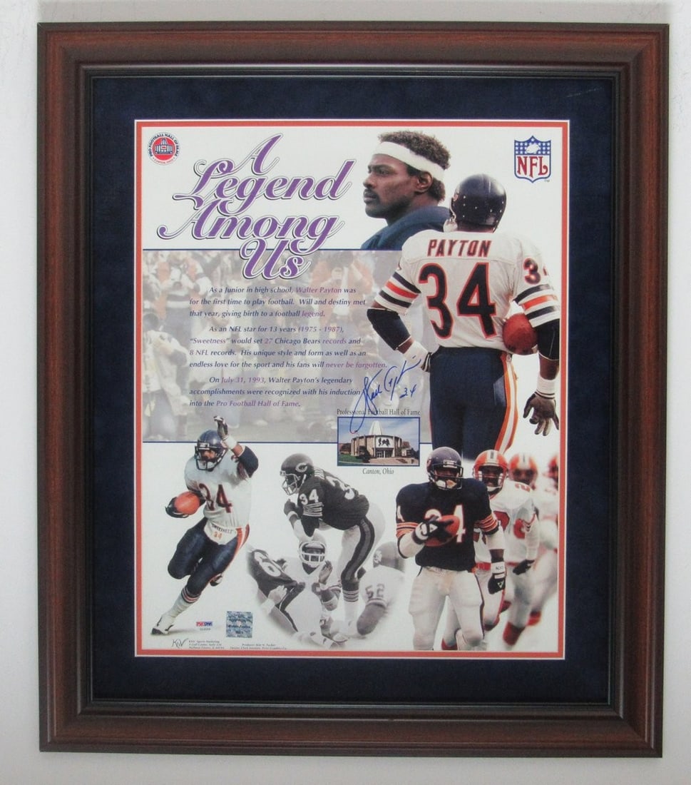 Framed 16x20 Photo Signed by Walter Payton PSA DNA Chicago Bears: Framed 16x20 Photo Signed by Walter Payton PSA DNA Chicago Bears This is an original 16x20 color photograph of Walter Payton, signed and professionally framed. The piece features the legendary Chicago