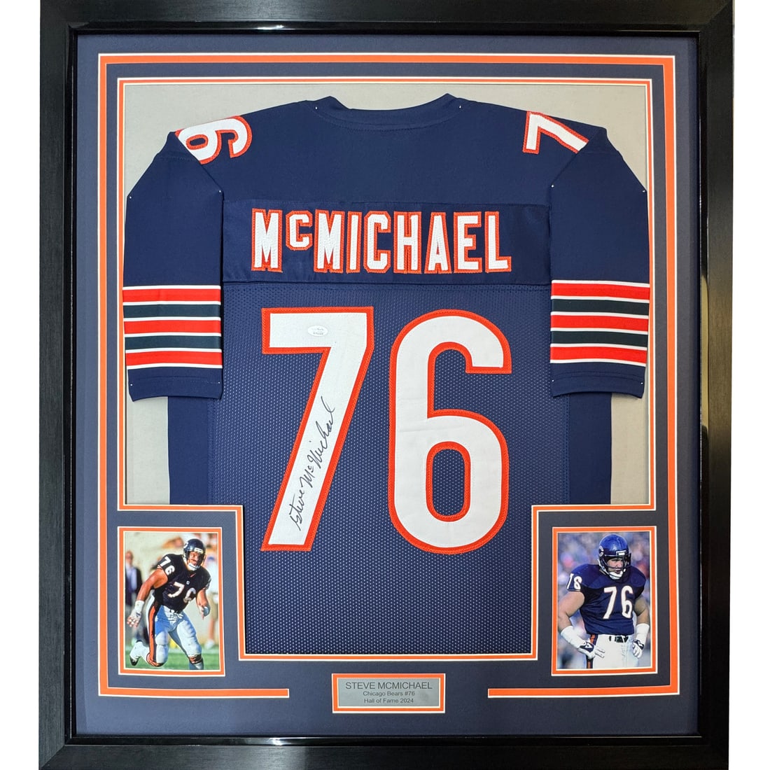 Steve McMichael signed Chicago Bears blue jersey framed 35x39 JSA COA: Steve McMichael signed Chicago Bears blue jersey framed 35x39 JSA COA This professionally framed and matted display features a Chicago Bears blue jersey autographed by Steve McMichael. The jersey is a