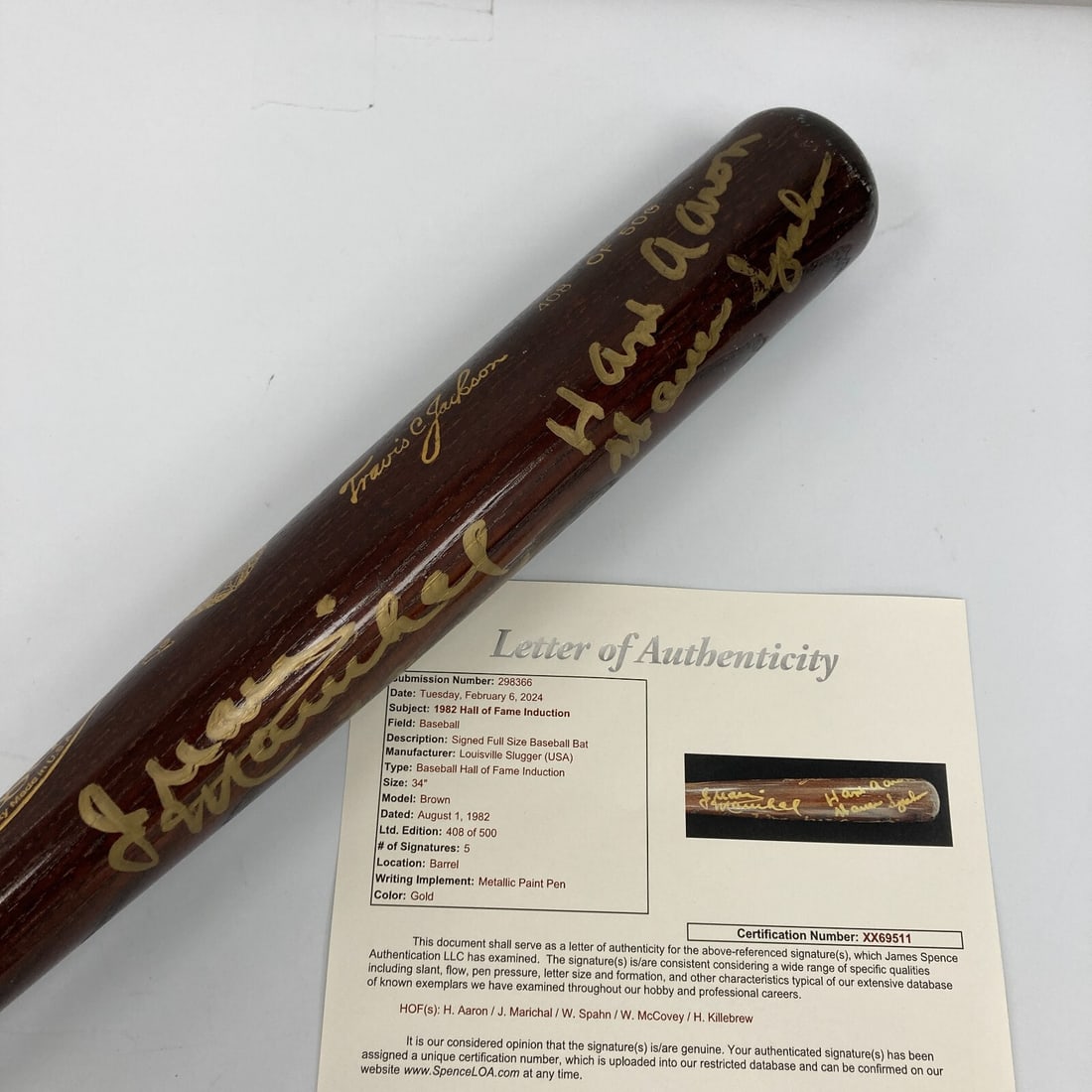 Hank Aaron Harmon Killebrew 1982 Hall of Fame Signed Bat JSA COA: Hank Aaron Harmon Killebrew 1982 Hall of Fame Signed Bat JSA COA Celebrate baseball history with this original signed baseball bat commemorating the 1982 Hall of Fame Induction of legendary players Ha