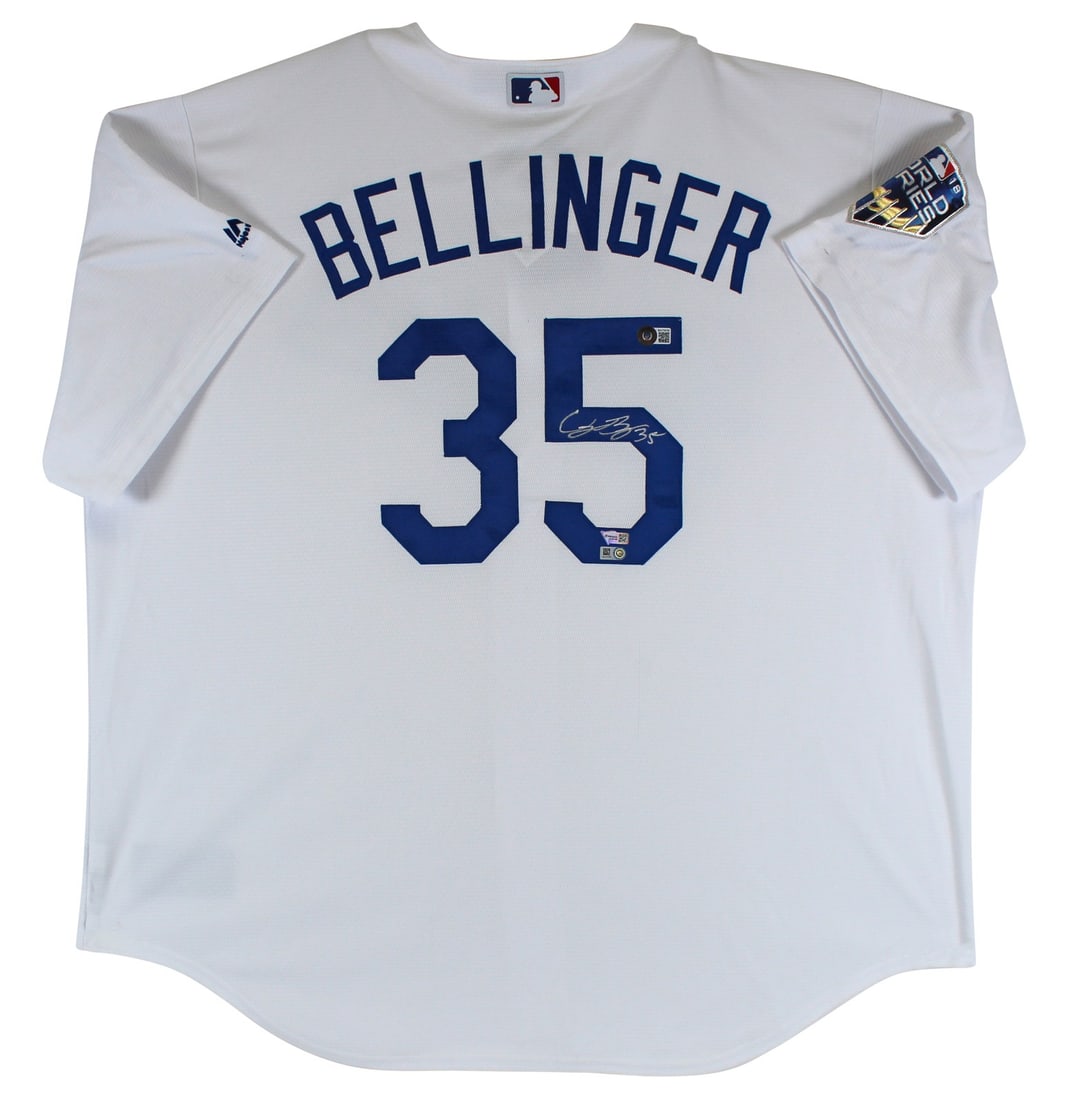 Cody Bellinger Autographed Majestic Dodgers Jersey With 2018 World Series Patch Beckett COA: Cody Bellinger Autographed Majestic Dodgers Jersey With 2018 World Series Patch Beckett COA This white Majestic Cool Base jersey features the 2018 World Series patch and has been personally signed by 