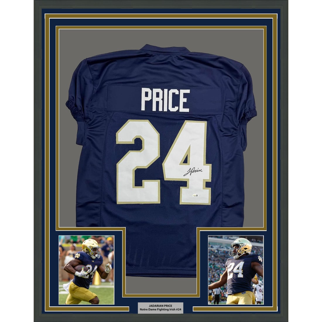 JaDarian Price Signed Notre Dame Jersey in 35x39 Frame JSA Authenticated: JaDarian Price Signed Notre Dame Jersey in 35x39 Frame JSA Authenticated This is a professionally framed and matted Notre Dame Fighting Irish blue jersey autographed by JaDarian Price. The display inc