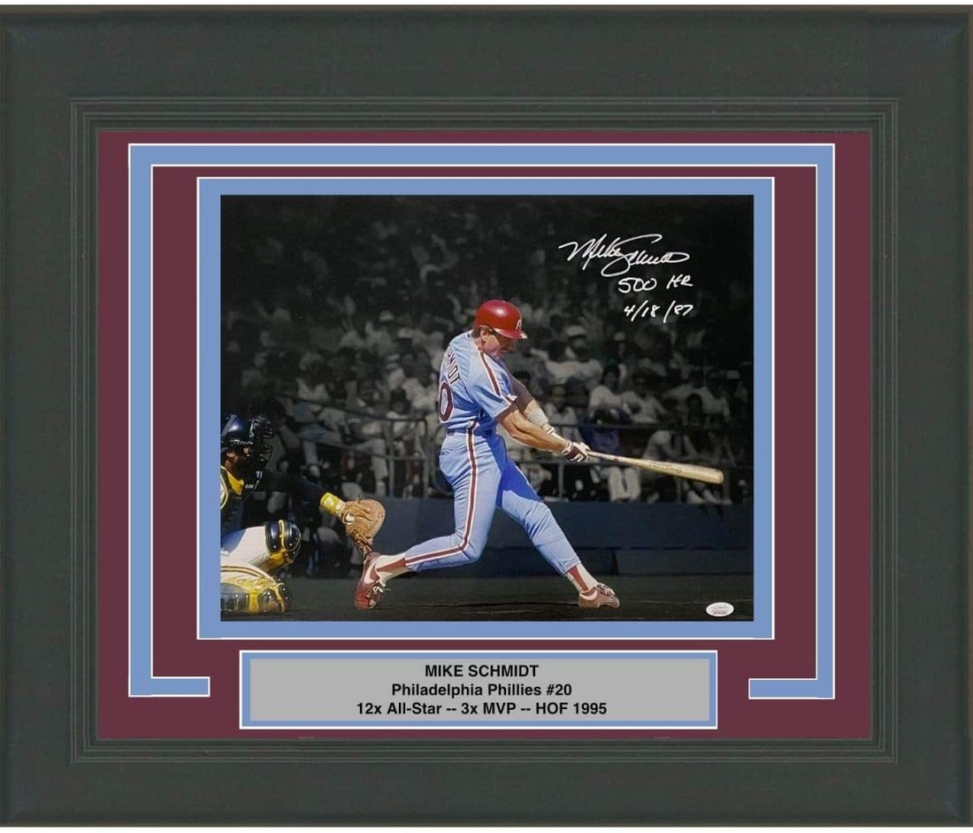 Framed Mike Schmidt autographed 16x20 photo with 500th HR inscription JSA COA (1 of 1)