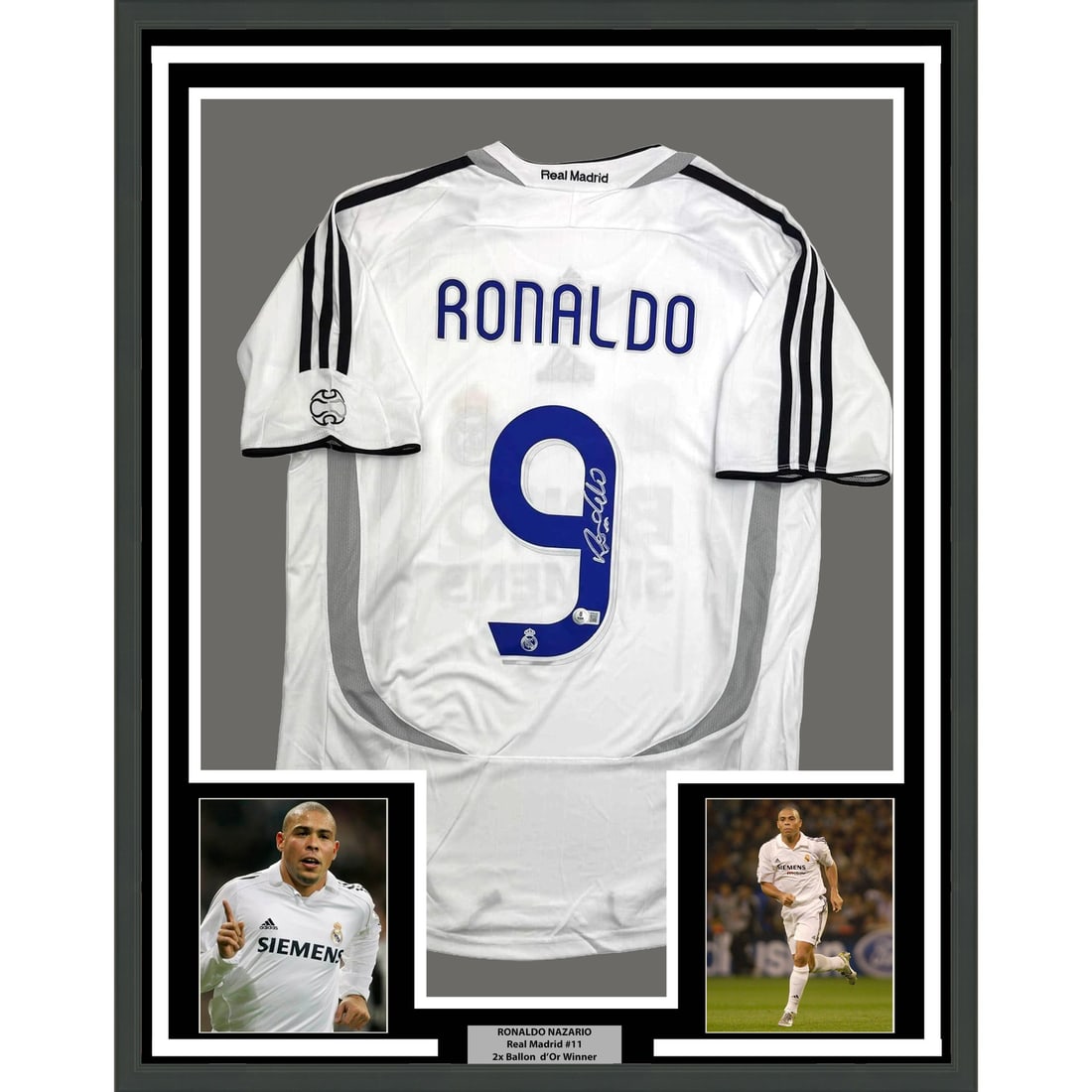 Ronaldo Nazario Signed Real Madrid Jersey in 35x39 Frame with Photos Beckett COA: Ronaldo Nazario Signed Real Madrid Jersey in 35x39 Frame with Photos Beckett COA This professionally framed and matted Real Madrid white jersey is autographed by Ronaldo Nazario. The display includes 