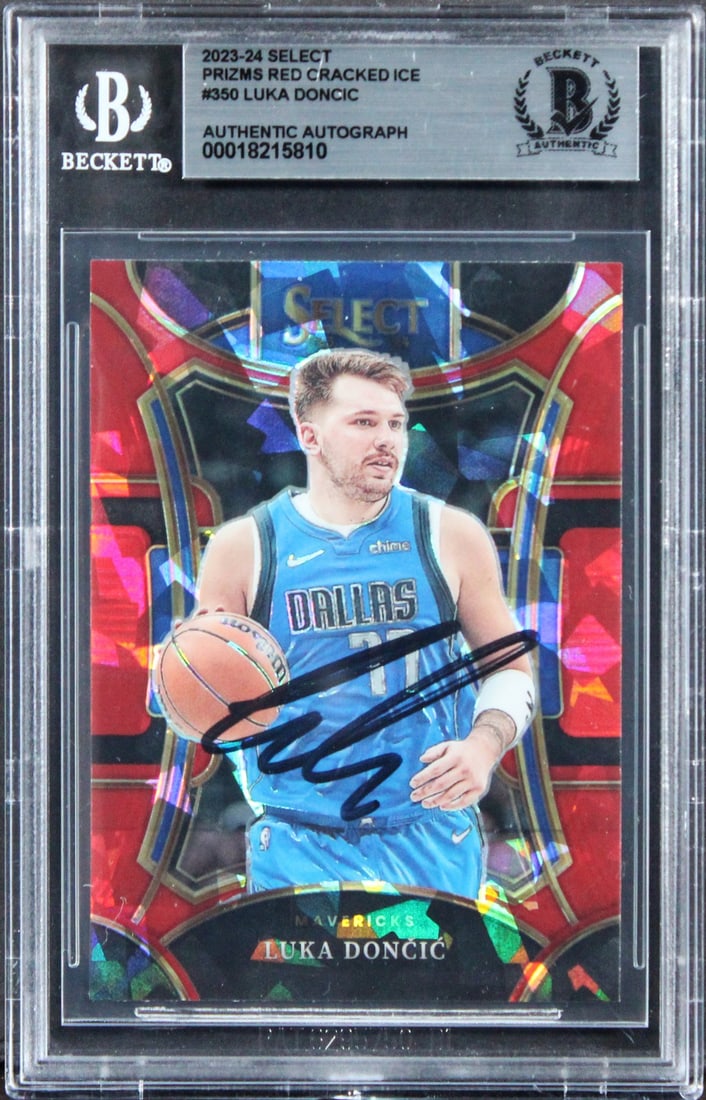 Luka Doncic Autographed 2023 Select Red Cracked Ice Card Beckett Authenticated: Luka Doncic Autographed 2023 Select Red Cracked Ice Card Beckett Authenticated This autographed 2023 Select Prizms Red Cracked Ice #350 card features Luka Doncic of the Dallas Mavericks. The card has 