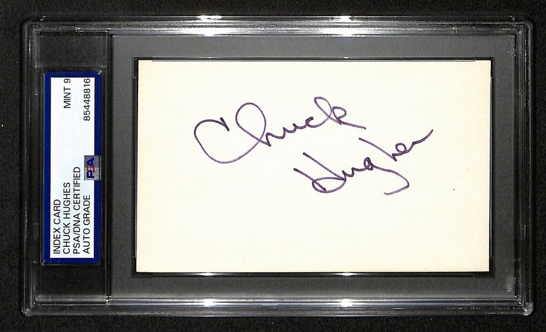 Autographed Chuck Hughes 3x5 Detroit Lions Index Card PSA DNA Mint 9: Autographed Chuck Hughes 3x5 Detroit Lions Index Card PSA DNA Mint 9 This is an original 3x5 index card signed by Chuck Hughes of the Detroit Lions. The card has been authenticated and graded MINT-9 b