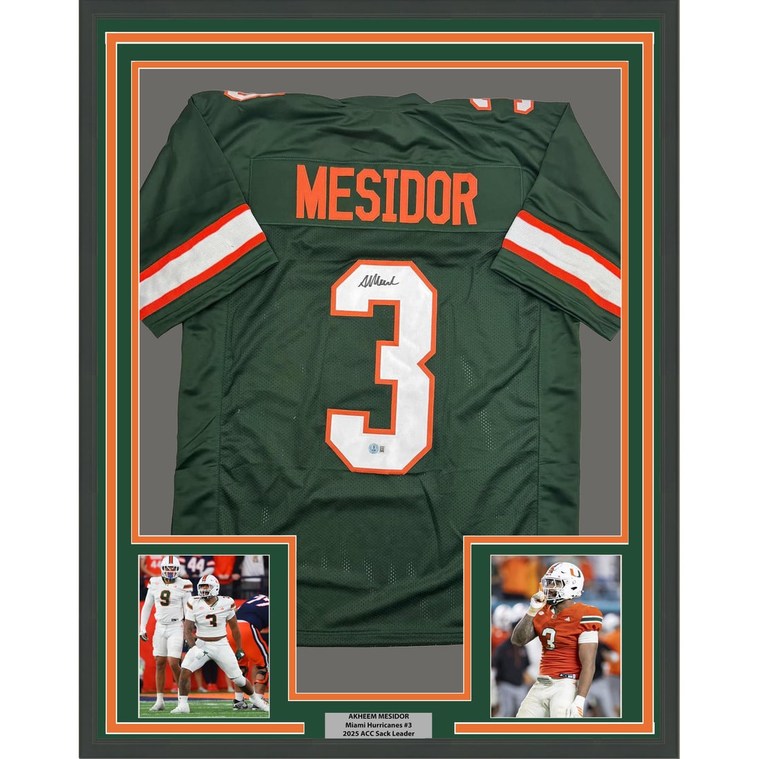 Akheem Mesidor Miami Hurricanes Signed Green Jersey 35x39 Framed Beckett COA: Akheem Mesidor Miami Hurricanes Signed Green Jersey 35x39 Framed Beckett COA This professionally framed display features a Miami Hurricanes green jersey autographed by Akheem Mesidor. The jersey is au