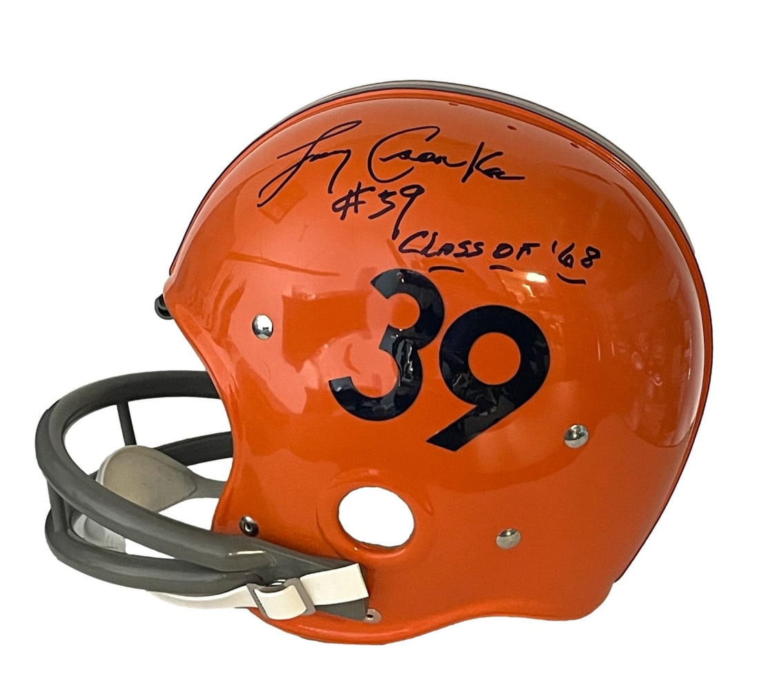 Full Size Orange TK 2-Bar Helmet Signed by Larry Csonka Syracuse HOF PSA/DNA: Full Size Orange TK 2-Bar Helmet Signed by Larry Csonka Syracuse HOF PSA/DNA This is a Larry Csonka Syracuse Hall of Fame full-size orange TK 2-Bar suspension throwback football helmet, signed and ins
