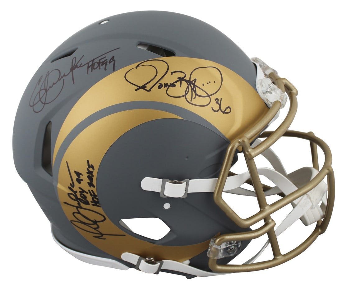 Authentic Rams Speed Proline Helmet Signed by Bettis Dickerson and Faulk Beckett COA: Authentic Rams Speed Proline Helmet Signed by Bettis Dickerson and Faulk Beckett COA This Los Angeles Rams alternate slate Riddell authentic full-size Speed Proline helmet is personally signed by Jero