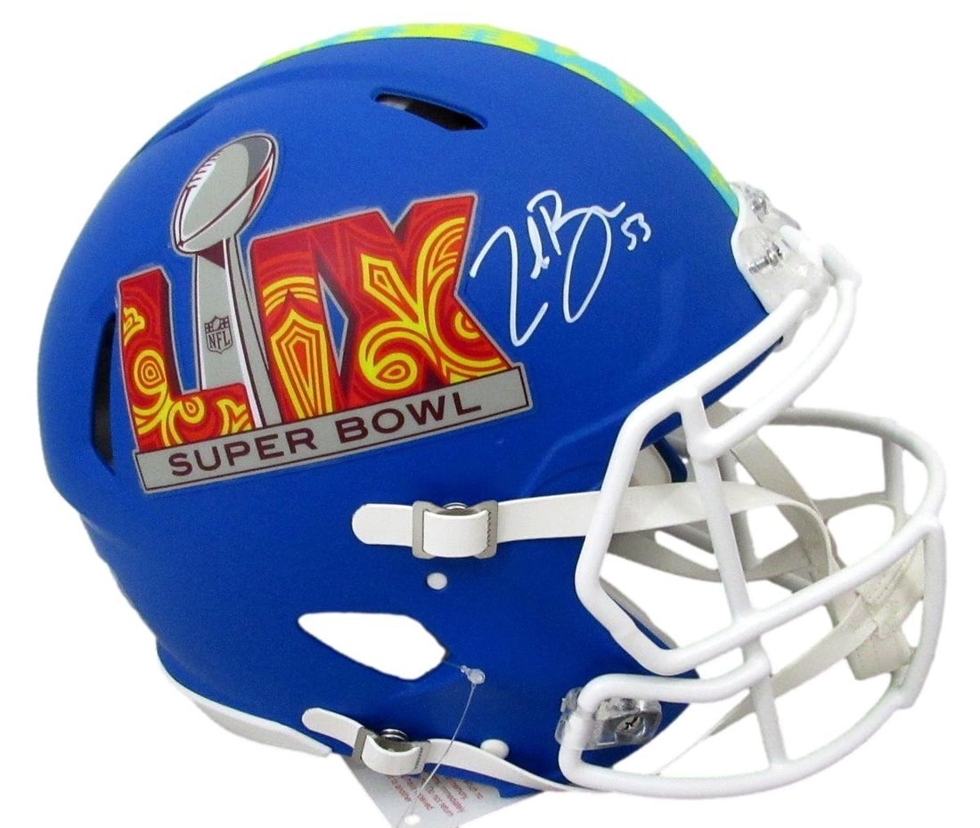Zack Baun Signed Authentic Super Bowl LIX Helmet Eagles Beckett Authenticated: Zack Baun Signed Authentic Super Bowl LIX Helmet Eagles Beckett Authenticated This offering features a Zack Baun signed blue full-size authentic Super Bowl LIX football helmet representing the Philade