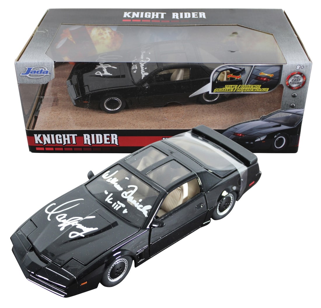 Knight Rider KITT 1:24 Diecast Car Signed by Hasselhoff and Daniels BAS: Knight Rider KITT 1:24 Diecast Car Signed by Hasselhoff and Daniels BAS This 1:24 scale die-cast metal K.I.T.T. car from Knight Rider is personally signed by David Hasselhoff and William Daniels, feat