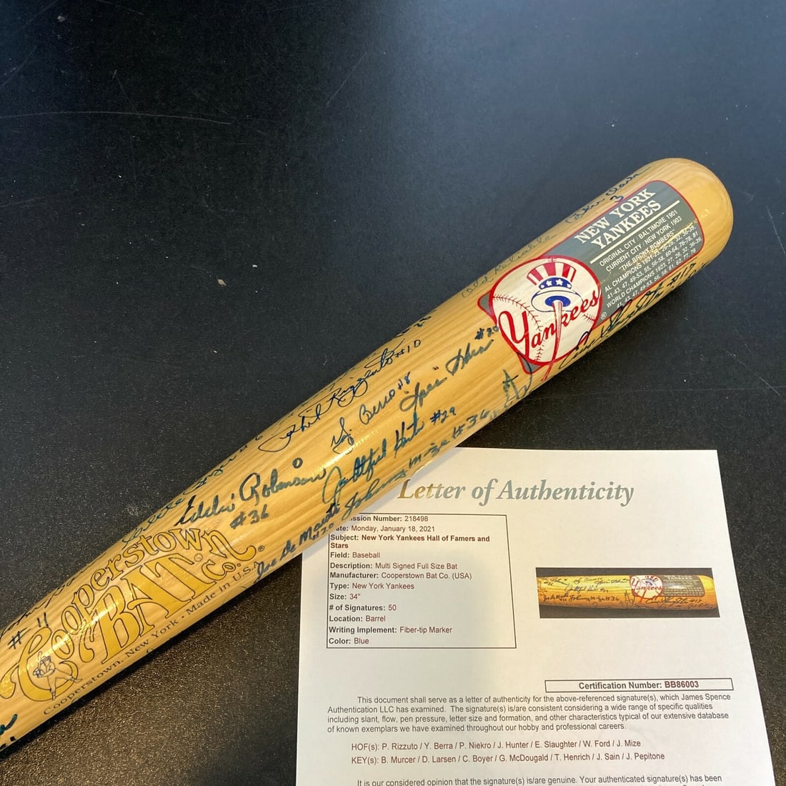 New York Yankees Commemorative Signed Bat 50 Autographs JSA COA: New York Yankees Commemorative Signed Bat 50 Autographs JSA COA Celebrate the legacy of the New York Yankees with this stunning commemorative baseball bat, measuring 34 inches. This bat, issued by the