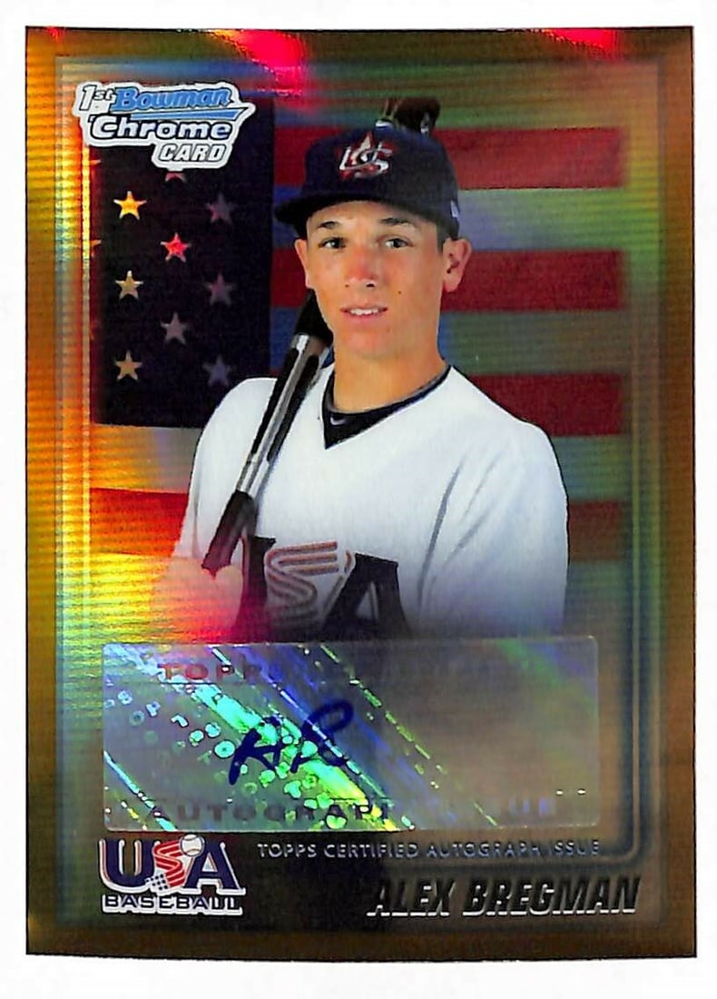 Alex Bregman Bowman Chrome Gold Refractor Rookie Card Auto 42 of 50 USA5: Alex Bregman Bowman Chrome Gold Refractor Rookie Card Auto 42 of 50 USA5 This is an original 2011 Bowman Chrome USA5 Gold Refractor baseball trading card featuring Alex Bregman. The card includes an a