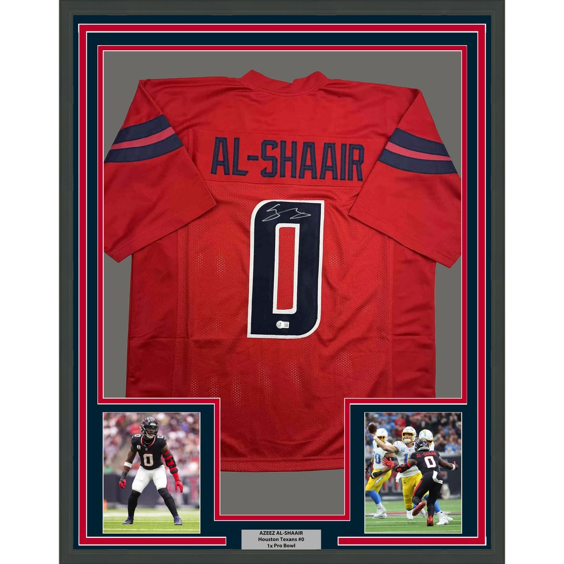 Azeez Al Shaair Signed Houston Texans Jersey Framed 35x39 With Beckett COA: Azeez Al Shaair Signed Houston Texans Jersey Framed 35x39 With Beckett COA This professionally framed and matted Houston Texans red jersey features the authentic signature of NFL player Azeez Al Shaai