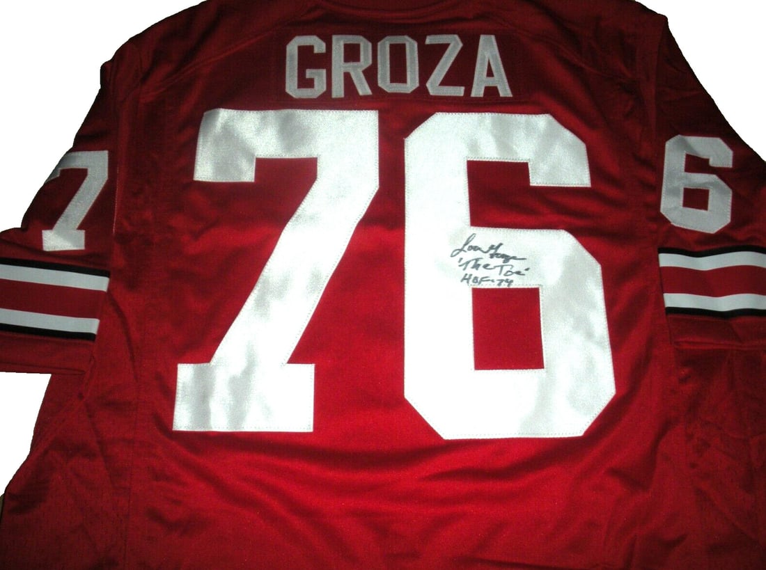 Lou Groza Autographed Nike Jersey With COA Ohio State Buckeyes Football: Lou Groza Autographed Nike Jersey With COA Ohio State Buckeyes Football This official licensed Nike jersey is signed by Lou Groza and represents the Ohio State Buckeyes. The jersey is an original item