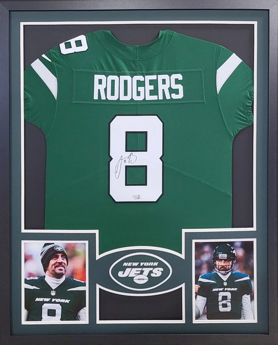 Aaron Rodgers Autographed Framed Jersey New York Jets Fanatics Certified: Aaron Rodgers Autographed Framed Jersey New York Jets Fanatics Certified This autographed Aaron Rodgers framed jersey is a must-have for any New York Jets fan. Authenticated by Fanatics, a leading nam