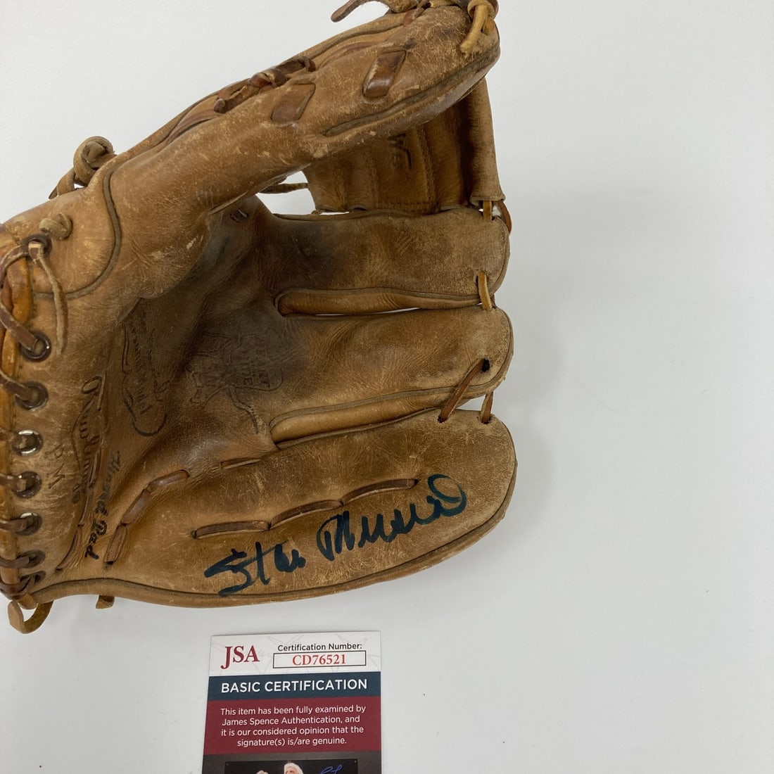 Stan Musial Signed 1950s Game Model Baseball Glove with JSA COA: Stan Musial Signed 1950s Game Model Baseball Glove with JSA COA This vintage 1950's game model baseball glove, signed by the legendary Stan Musial, is a must-have for any serious baseball collector. T