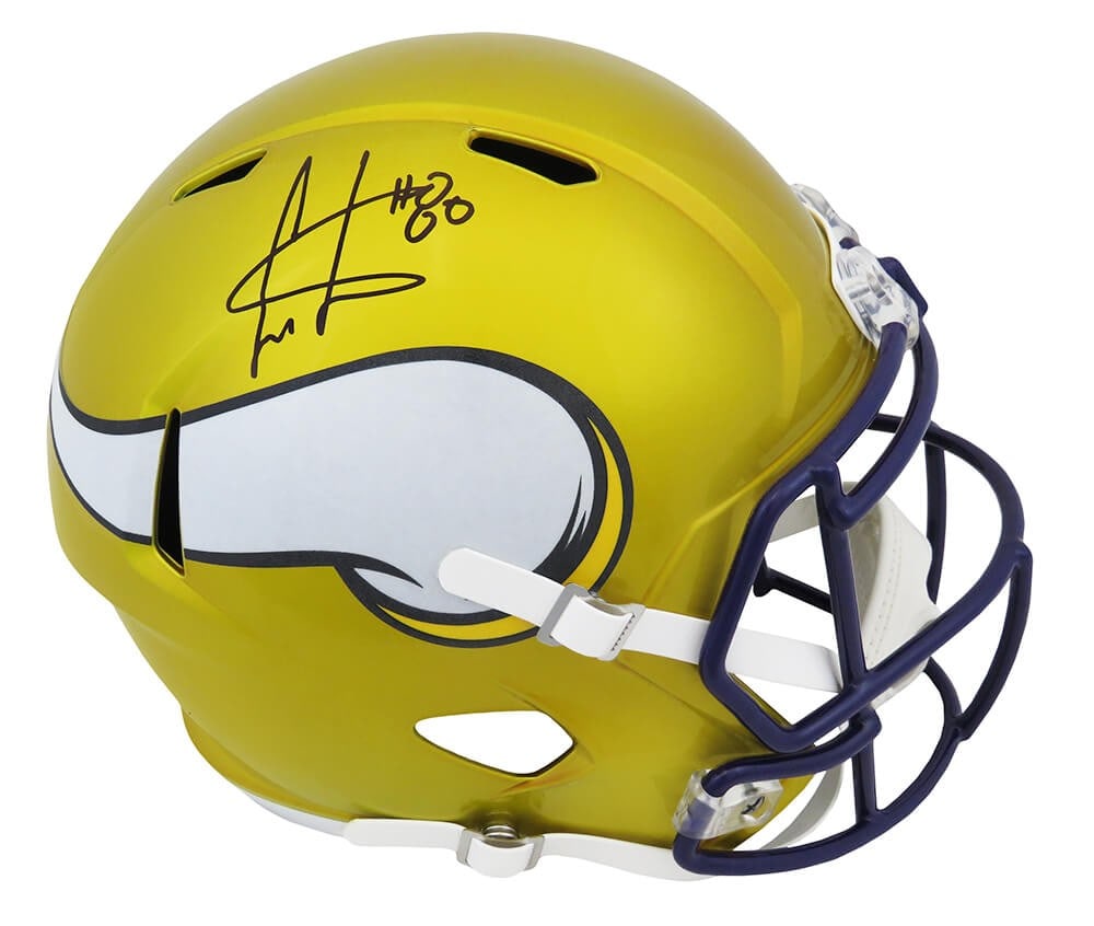 Cris Carter Autographed Vikings FLASH Riddell Full Size Helmet with COA: Cris Carter Autographed Vikings FLASH Riddell Full Size Helmet with COA This is a full-size replica helmet of Cris Carter, a legendary player for the Minnesota Vikings, featuring a striking FLASH desi