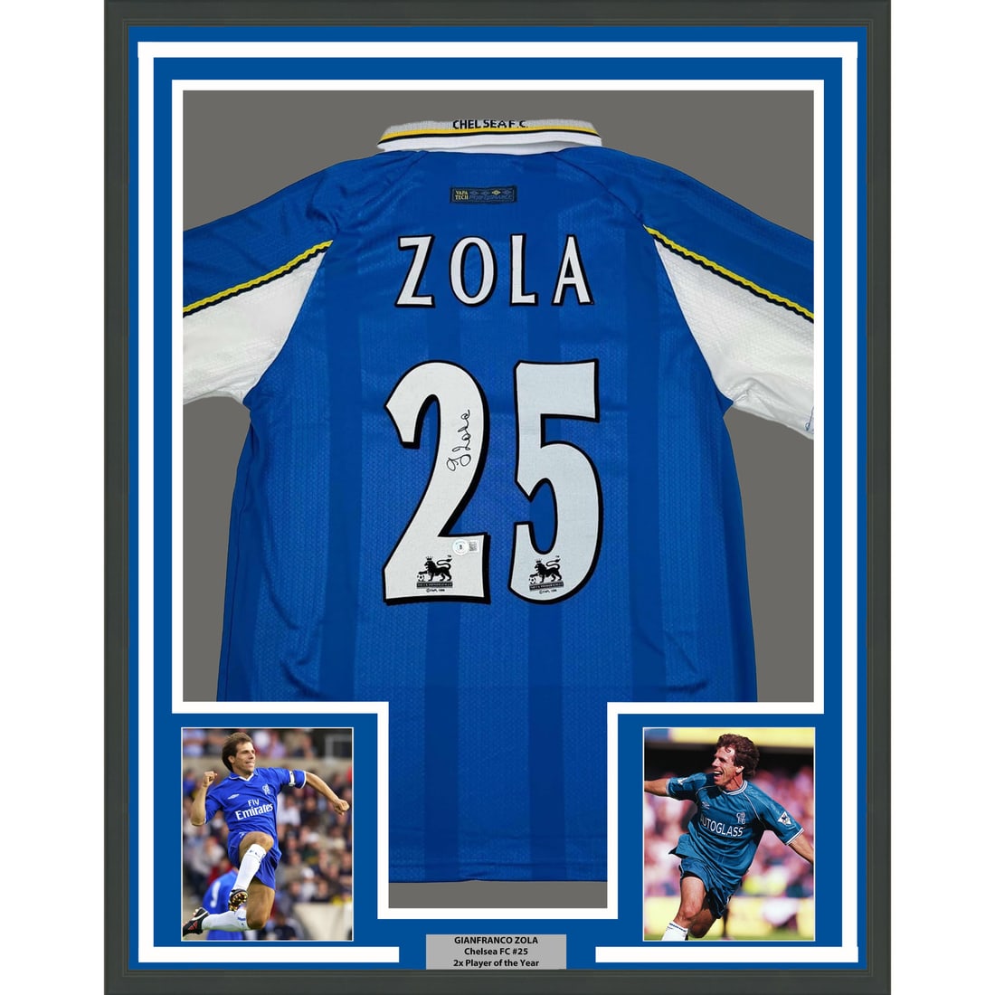 Gianfranco Zola Signed Chelsea FC Jersey Framed BAS COA 35x39: Gianfranco Zola Signed Chelsea FC Jersey Framed BAS COA 35x39 This professionally framed and matted Chelsea FC blue jersey is autographed by Gianfranco Zola. The display includes two 5x7 photos and me