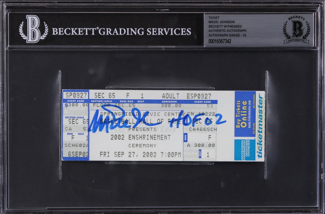 Magic Johnson Signed Hall of Fame Ticket Stub Beckett Gem Mint 10 Slabbed: Magic Johnson Signed Hall of Fame Ticket Stub Beckett Gem Mint 10 Slabbed This is an original Naismith National Basketball Hall of Fame Enshrinement Ceremony ticket stub, personally signed by Magic Jo