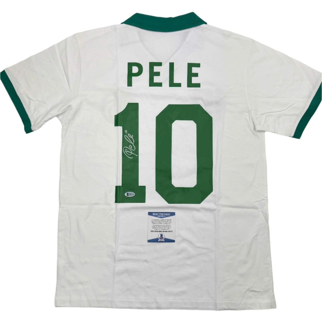 Autographed Pele New York Cosmos White Soccer Jersey Beckett COA: Autographed Pele New York Cosmos White Soccer Jersey Beckett COA This autographed white soccer jersey is a unique collectible featuring the legendary athlete Pele, who played for the New York Cosmos i