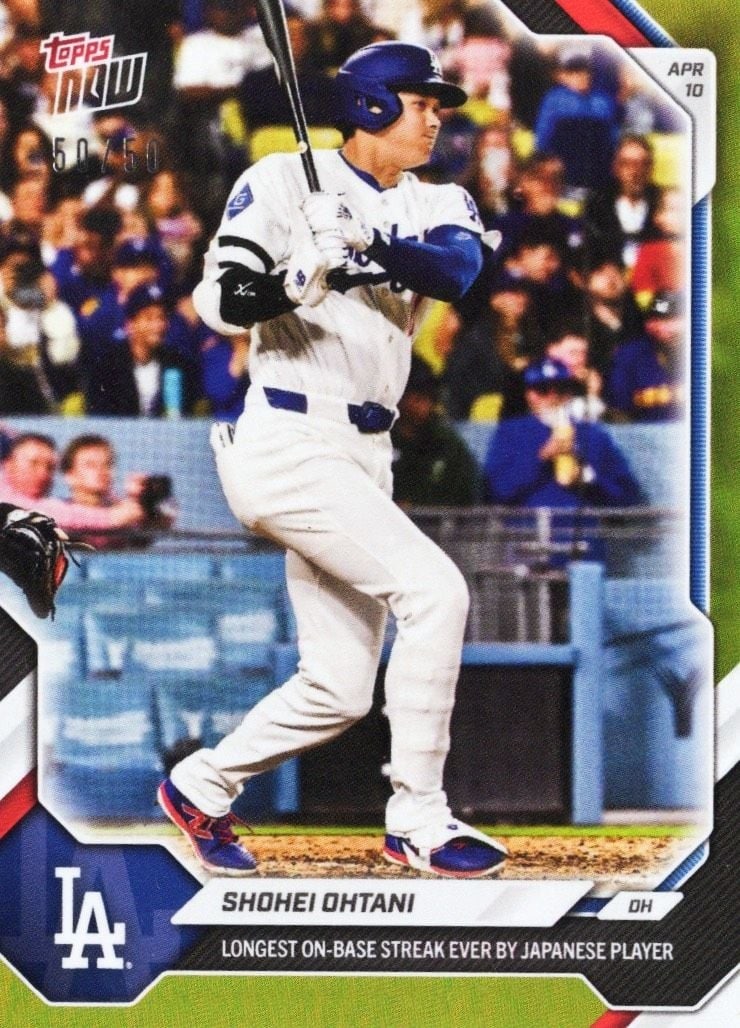 Shohei Ohtani Topps Now Gold Foil Dodgers Card #71 /50: Shohei Ohtani Topps Now Gold Foil Dodgers Card #71 /50 This is a 2026 Topps Now Shohei Ohtani #71 Gold Foil parallel baseball card featuring Shohei Ohtani of the Los Angeles Dodgers. The card is manuf